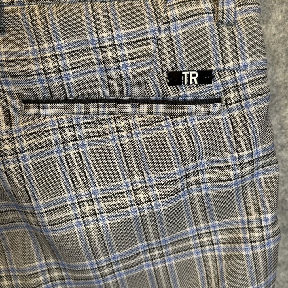 TR Premium Men's Plaid Tailored Pants 32 Gray Blue Stretch Slim Fit Trousers - Picture 10 of 16